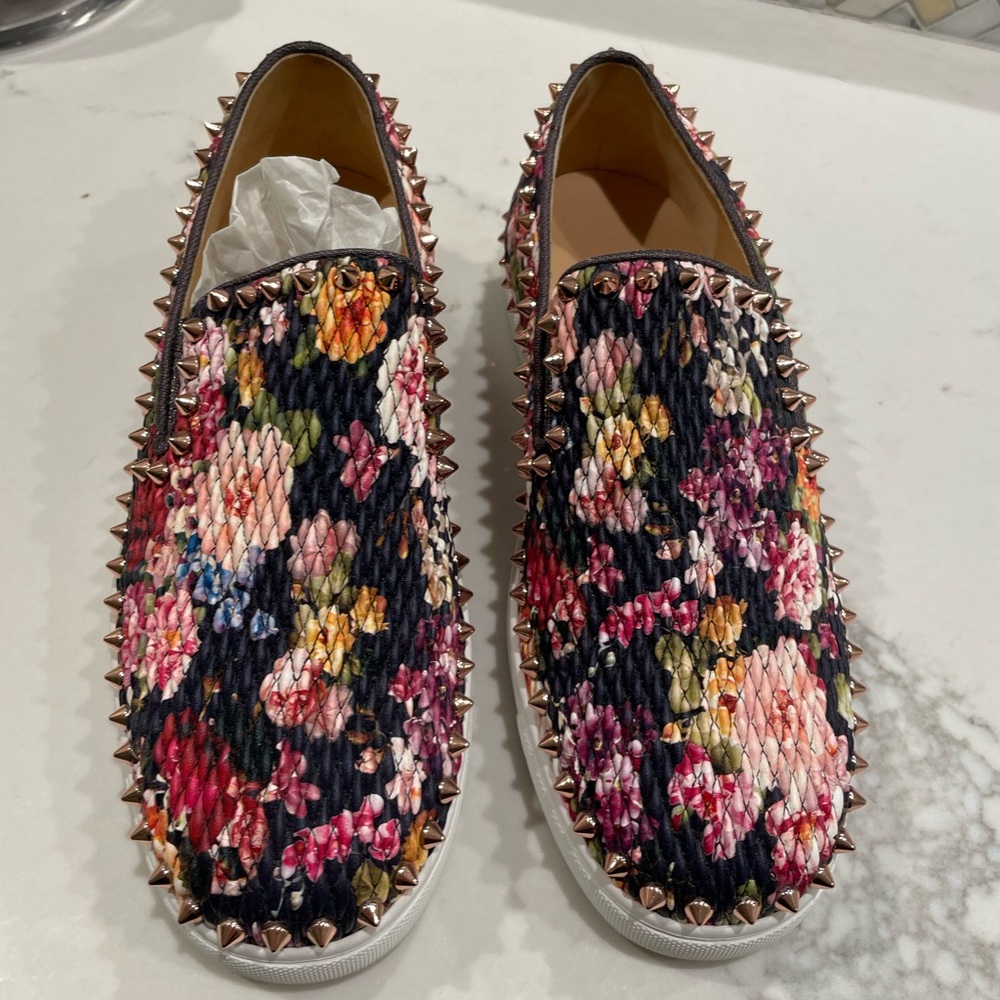 Christian Louboutin Pik Boat Quilted Floral Spike Studded Sneaker Flats 39